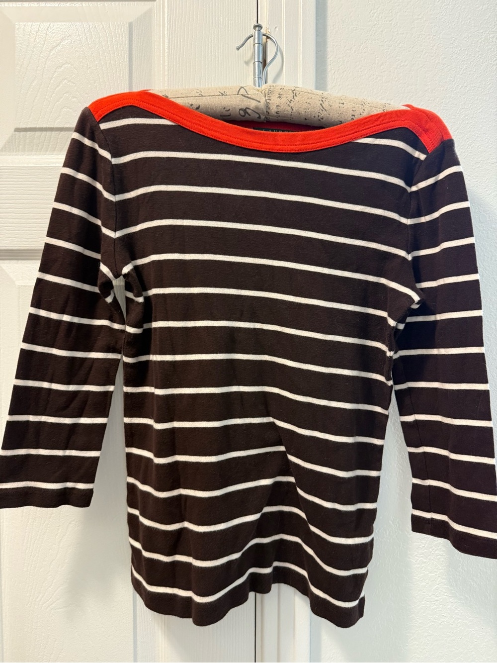 Ralph Lauren Brown & White Striped Long-Sleeve Top with Orange Trim 100% Cotton